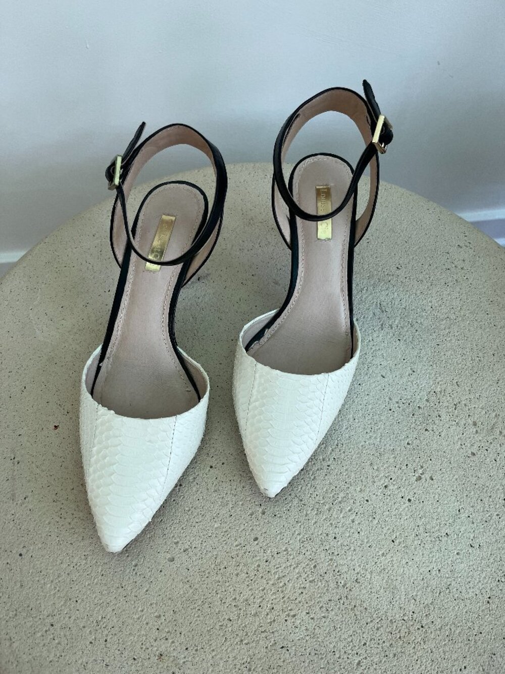 Louise et Cie Black and White leather strappy heels, size 7.5